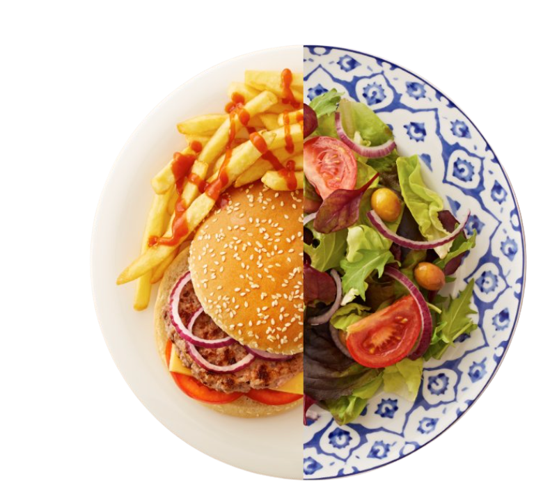 Half burger and fries, half salad