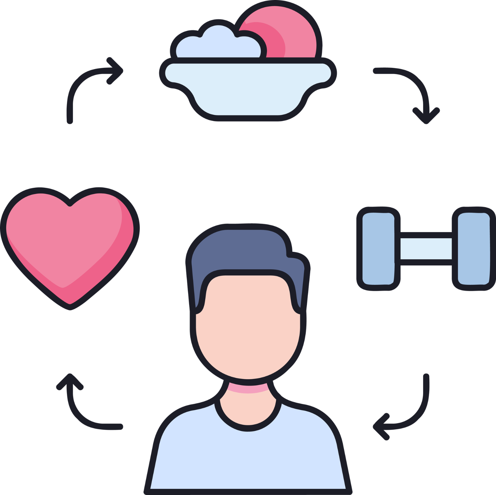 Food, heart and fitness around a person